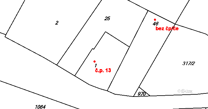 Rájov 13, Přimda na parcele st. 1 v KÚ Rájov u Třískolup, Katastrální mapa