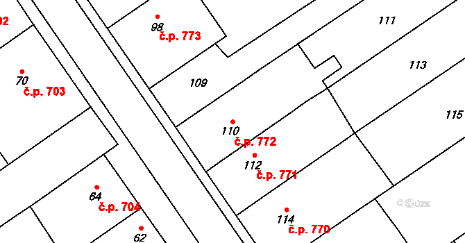 Březce 772, Štěpánov na parcele st. 110 v KÚ Březce, Katastrální mapa