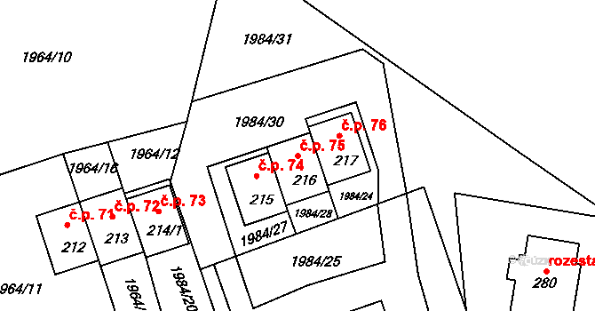 Zvíkov 75 na parcele st. 216 v KÚ Zvíkov u Lišova, Katastrální mapa