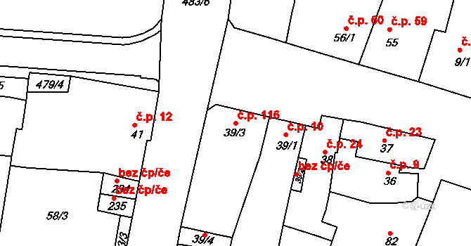 Brňany 116 na parcele st. 39/3 v KÚ Brňany, Katastrální mapa