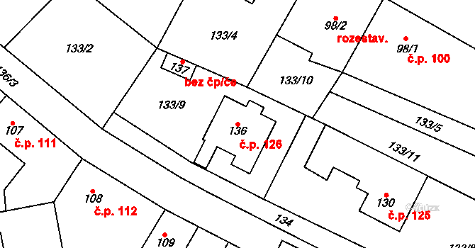 Přední Lhota 126, Poděbrady na parcele st. 136 v KÚ Přední Lhota u Poděbrad, Katastrální mapa