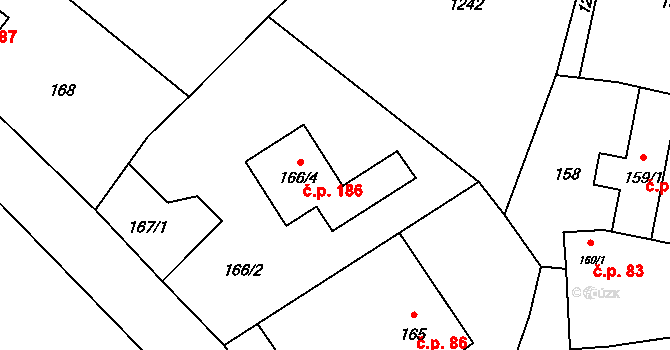 Myslibořice 186 na parcele st. 166/4 v KÚ Myslibořice, Katastrální mapa