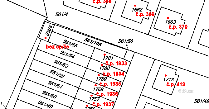 Nový Bydžov 1933 na parcele st. 1761 v KÚ Nový Bydžov, Katastrální mapa