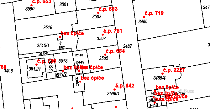 Sokolov 684 na parcele st. 3505 v KÚ Sokolov, Katastrální mapa
