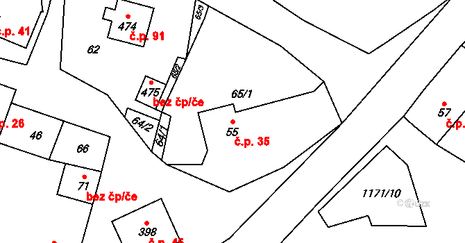 Hradové Střimelice 35, Stříbrná Skalice na parcele st. 55 v KÚ Hradové Střimelice, Katastrální mapa