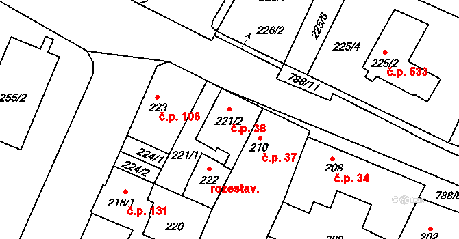 Letňany 38, Praha na parcele st. 221/2 v KÚ Letňany, Katastrální mapa