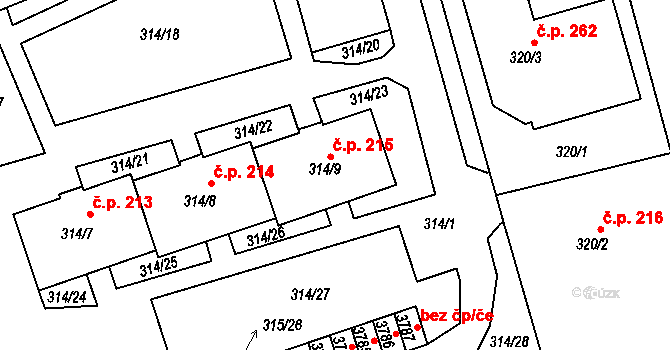 Úštěk-Českolipské Předměstí 215, Úštěk na parcele st. 314/9 v KÚ Úštěk, Katastrální mapa