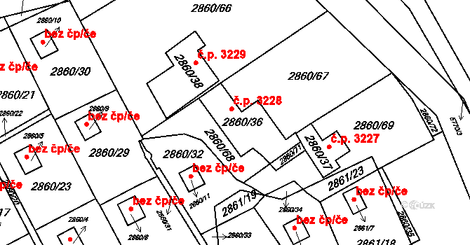 Záběhlice 3228, Praha na parcele st. 2860/36 v KÚ Záběhlice, Katastrální mapa