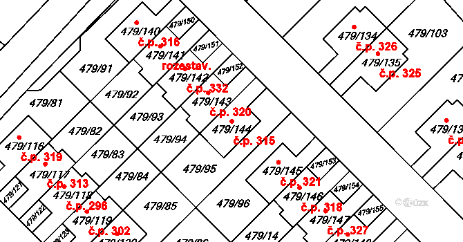 Třeboradice 315, Praha na parcele st. 479/144 v KÚ Třeboradice, Katastrální mapa