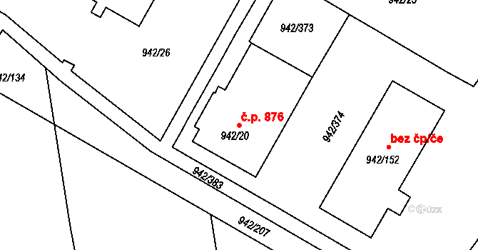 Hlubočepy 876, Praha na parcele st. 942/20 v KÚ Hlubočepy, Katastrální mapa