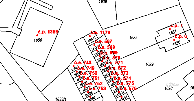 Děčín VI-Letná 568, Děčín na parcele st. 1633/16 v KÚ Podmokly, Katastrální mapa