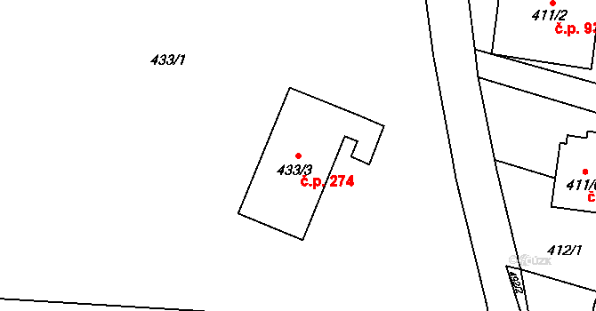Bobrovníky 274, Hlučín na parcele st. 433/3 v KÚ Bobrovníky, Katastrální mapa