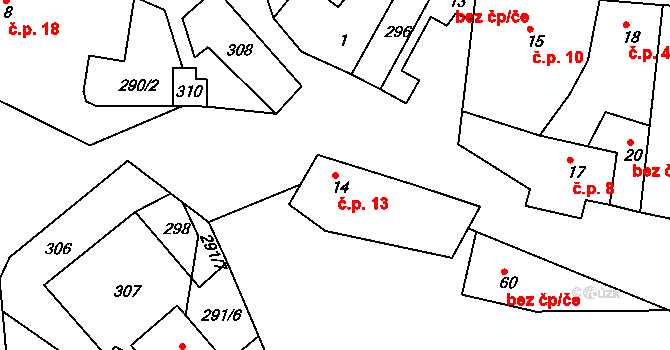 Týnec 13, Malý Bor na parcele st. 14 v KÚ Týnec u Hliněného Újezdu, Katastrální mapa