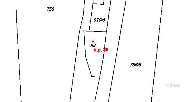 Habroveč 30, Vrbatův Kostelec na parcele st. 98 v KÚ Louka u Vrbatova Kostelce, Katastrální mapa