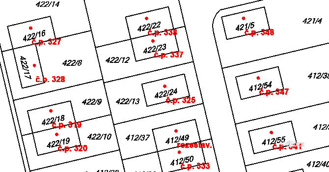 Lysolaje 325, Praha na parcele st. 422/24 v KÚ Lysolaje, Katastrální mapa