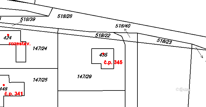 Minice 345, Kralupy nad Vltavou na parcele st. 435 v KÚ Minice u Kralup nad Vltavou, Katastrální mapa