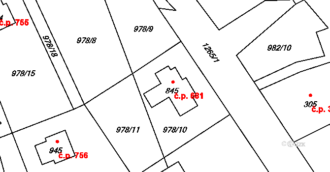 Mořkov 681 na parcele st. 845 v KÚ Mořkov, Katastrální mapa