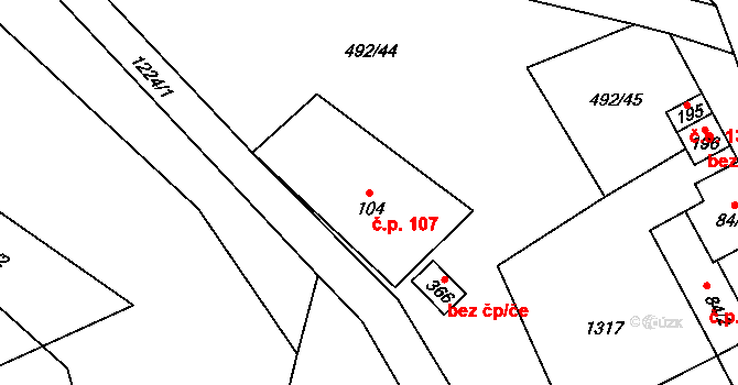 Šlapanov 107 na parcele st. 104 v KÚ Šlapanov, Katastrální mapa