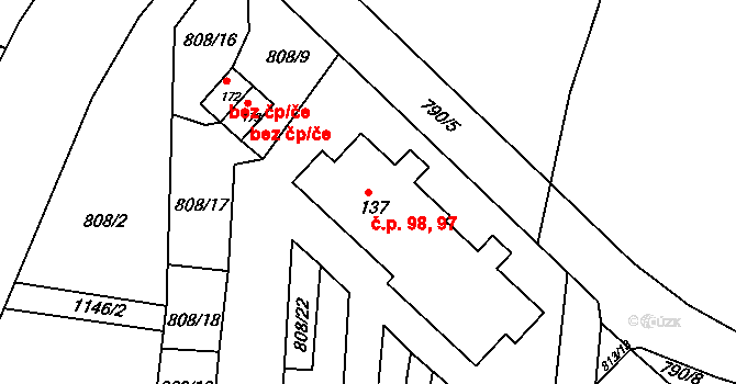 Čestice 97,98 na parcele st. 137 v KÚ Čestice u Častolovic, Katastrální mapa