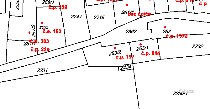 Tišnov 197 na parcele st. 253/2 v KÚ Tišnov, Katastrální mapa