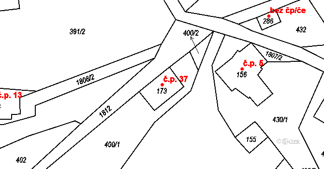 Loukov 37, Háje nad Jizerou na parcele st. 173 v KÚ Rybnice, Katastrální mapa