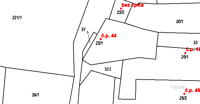 Boharyně 44 na parcele st. 25/1 v KÚ Boharyně, Katastrální mapa