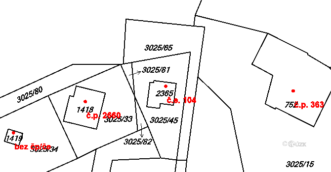 Rožnov pod Radhoštěm 104 na parcele st. 2365 v KÚ Rožnov pod Radhoštěm, Katastrální mapa