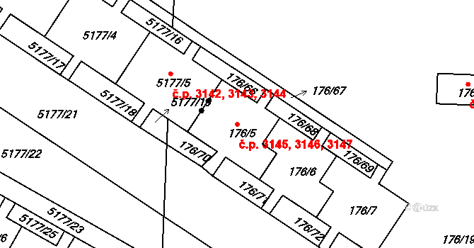Severní Terasa 3145,3146,3147, Ústí nad Labem na parcele st. 176/5 v KÚ Dobětice, Katastrální mapa