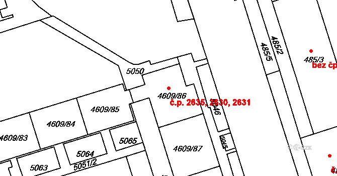 Královo Pole 2630,2631,2635, Brno na parcele st. 4609/86 v KÚ Královo Pole, Katastrální mapa