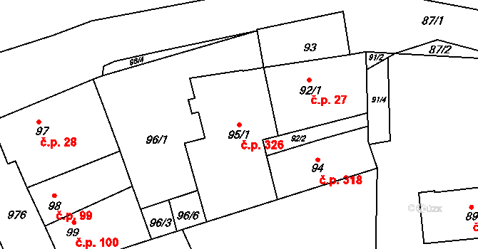 Satalice 326, Praha na parcele st. 95/1 v KÚ Satalice, Katastrální mapa