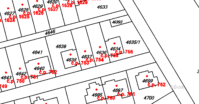 Záběhlice 755, Praha na parcele st. 4636 v KÚ Záběhlice, Katastrální mapa