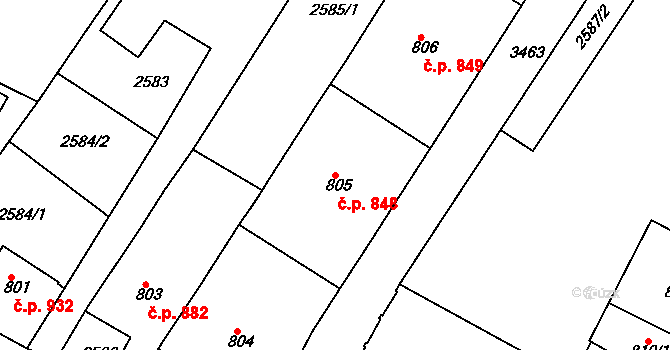 Rosice 848 na parcele st. 805 v KÚ Rosice u Brna, Katastrální mapa