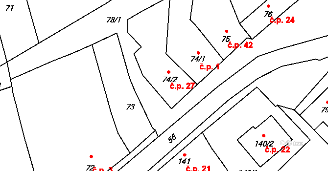 Rebešovice 1 na parcele st. 74/1 v KÚ Rebešovice, Katastrální mapa