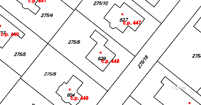Lázně Toušeň 448 na parcele st. 629 v KÚ Lázně Toušeň, Katastrální mapa