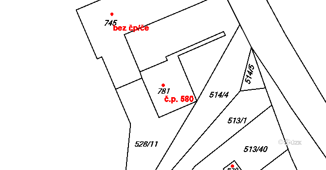 Borohrádek 580 na parcele st. 781 v KÚ Borohrádek, Katastrální mapa
