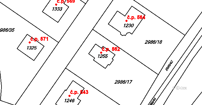 Toužim 562 na parcele st. 1255 v KÚ Toužim, Katastrální mapa