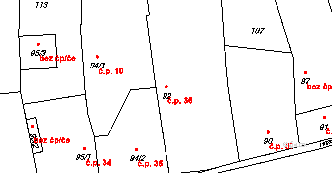 Prčice 36, Sedlec-Prčice na parcele st. 92 v KÚ Prčice, Katastrální mapa