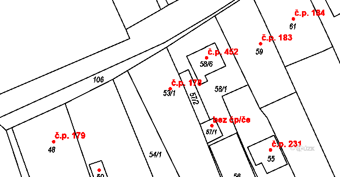 Fryšták 178 na parcele st. 53/1 v KÚ Fryšták, Katastrální mapa