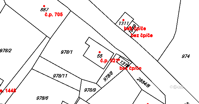 Polubný 921, Kořenov na parcele st. 55 v KÚ Polubný, Katastrální mapa