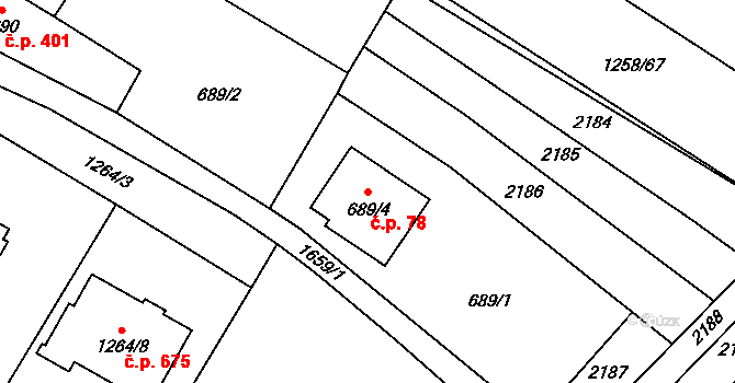 Drnovice 78 na parcele st. 689/4 v KÚ Drnovice u Vyškova, Katastrální mapa