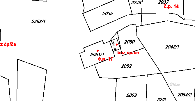 Podražnice 17, Horšovský Týn na parcele st. 2051/1 v KÚ Podražnice, Katastrální mapa