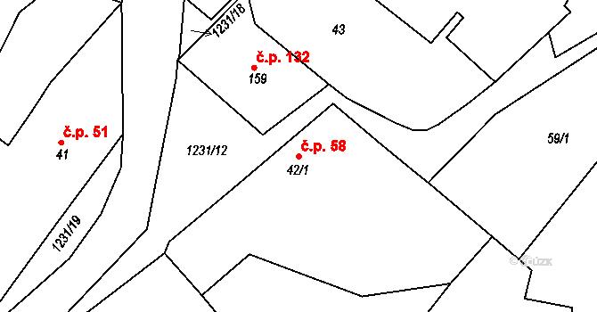 Pačejov 58 na parcele st. 42/1 v KÚ Pačejov, Katastrální mapa