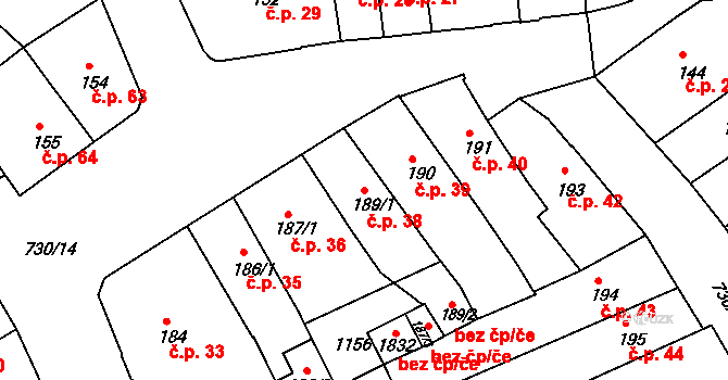 Broumov 38 na parcele st. 189/1 v KÚ Broumov, Katastrální mapa
