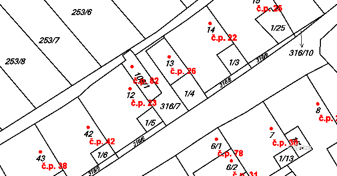 Housko 26, Vysočany na parcele st. 13 v KÚ Housko, Katastrální mapa