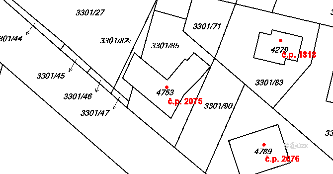 Čelákovice 2075 na parcele st. 4753 v KÚ Čelákovice, Katastrální mapa