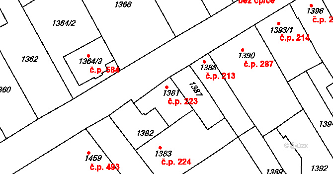 Hrušky 223 na parcele st. 1381 v KÚ Hrušky, Katastrální mapa