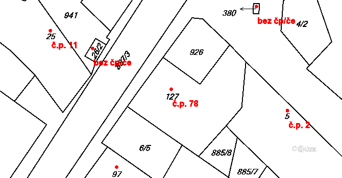 Stará Lysá 78 na parcele st. 127 v KÚ Stará Lysá, Katastrální mapa