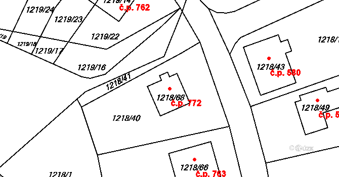 Doksy 772 na parcele st. 1218/68 v KÚ Doksy u Máchova jezera, Katastrální mapa