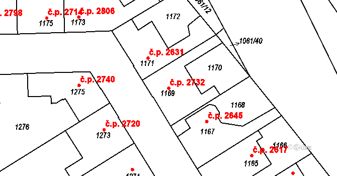 Kladno 2732 na parcele st. 1169 v KÚ Kladno, Katastrální mapa