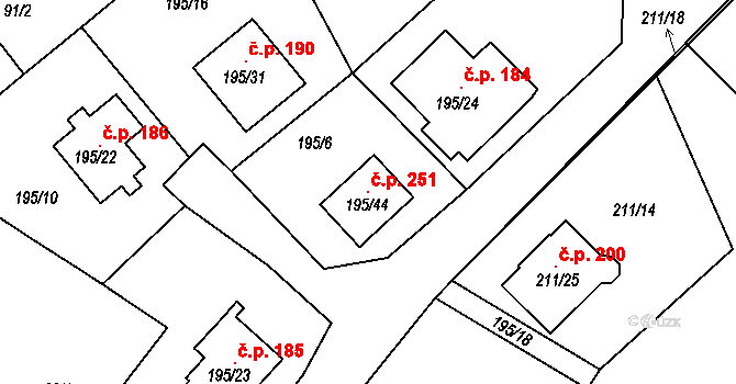 Hudcov 251, Teplice na parcele st. 195/44 v KÚ Hudcov, Katastrální mapa